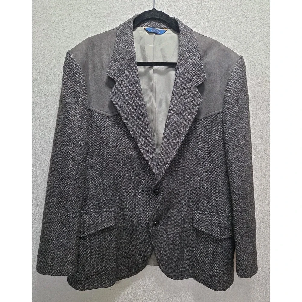 Vintage Pendleton Western Blazer Mens Gray Tweed Wool Elbow Patches USA Sz 46